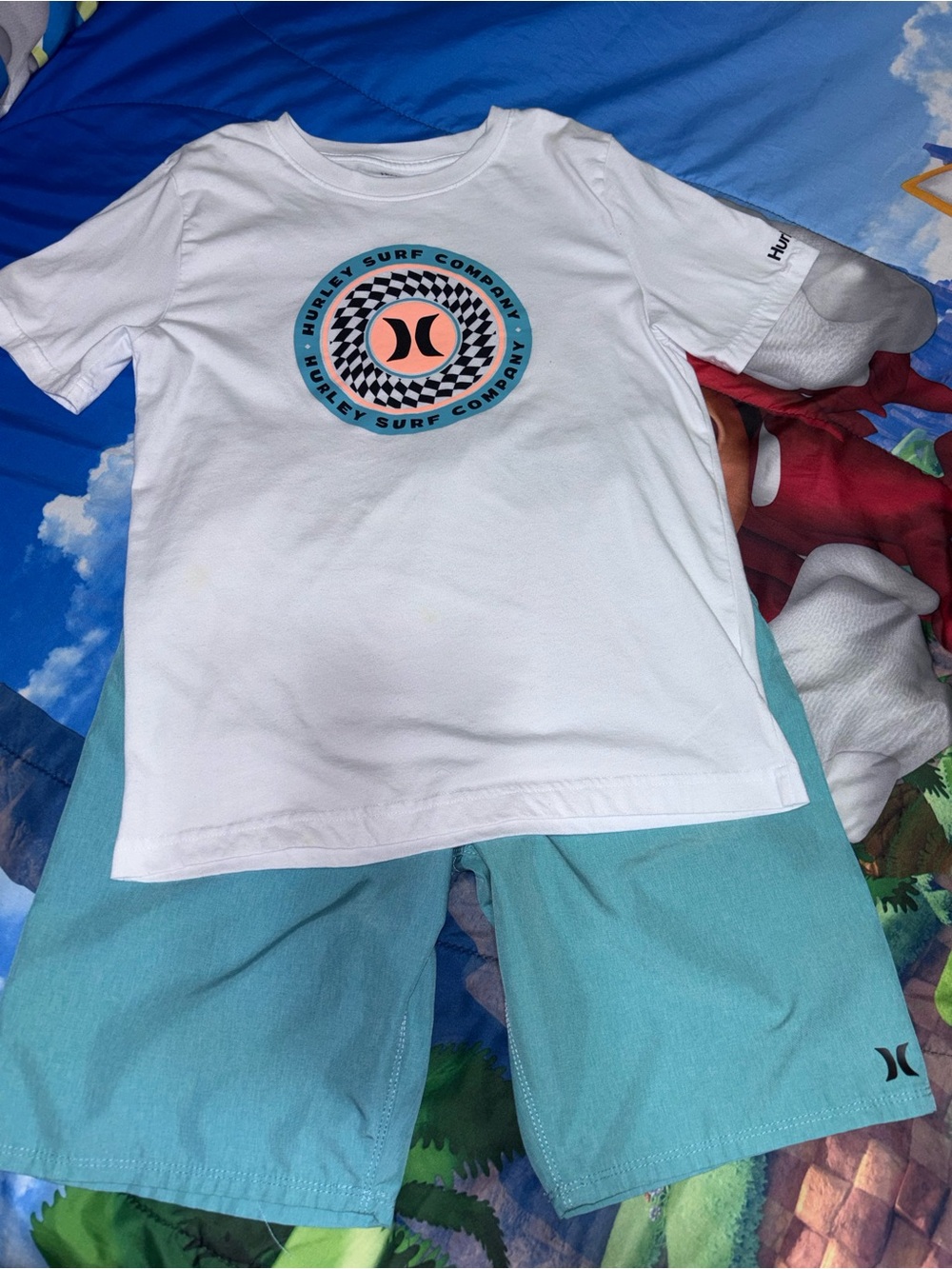 Hurley White Tee with Teal Logo and Teal Boardshorts